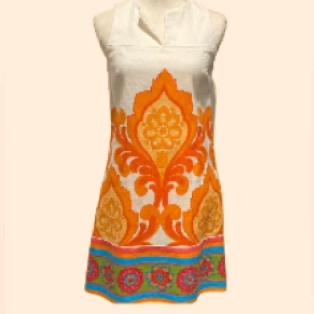 Laundry by Shelli Segal Linen Shift Dress Orange White Sleeveless Resort Size 2